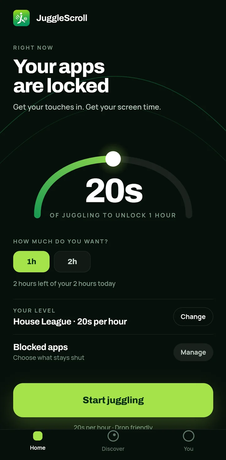 The JuggleScroll home screen: 20 seconds of juggling unlocks 1 hour of screen time.